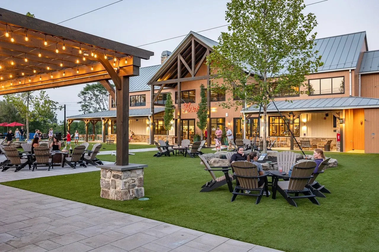 Lark Brewing Co taproom and outdoor lawn at sunset, Aldie Virginia design-build project